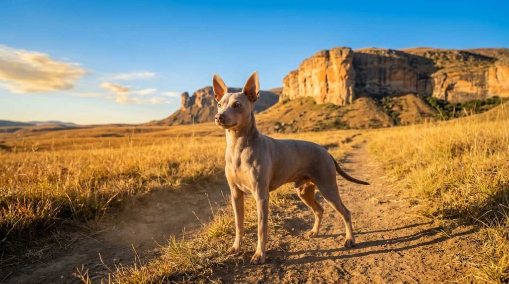 Miniature Pinscher: The Complete Breed Guide 12 A sleek fawn-colored Isabella Miniature Pinscher standing alertly in the vast golden grasslands of the Free State, South Africa.