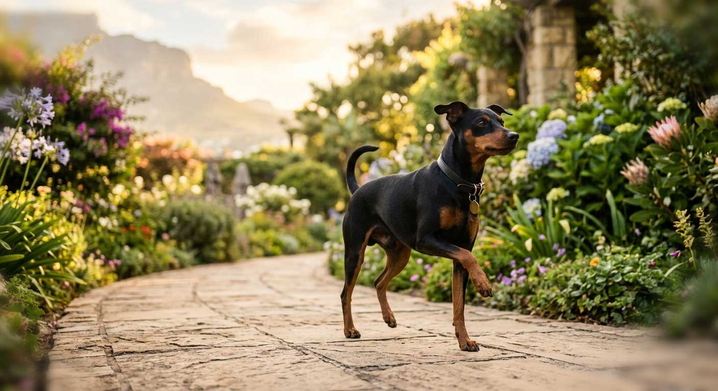 A black and tan Miniature Pinscher walking proudly with a high-stepping hackney gait on a paved garden path in South Africa.