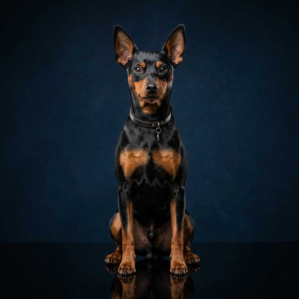 Miniature Pinscher: The Complete Breed Guide 1 A sleek Black and Tan Miniature Pinscher sitting alertly against a textured dark midnight navy blue studio backdrop.