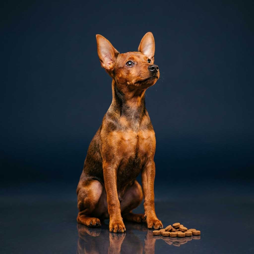 Miniature Pinscher: The Complete Breed Guide 11 An attentive Stag Red Miniature Pinscher sitting patiently next to a neat pile of dog training treats on a dark studio floor.