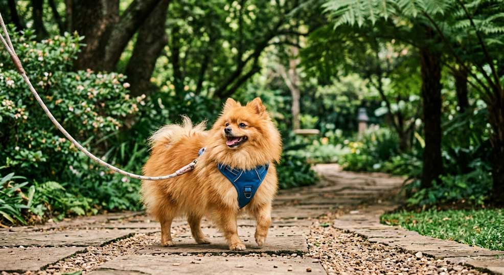 Anatomy & Dog Breed Terminology Guide 6 A happy fluffy Pomeranian wearing a supportive chest harness walking in a shaded, cool green garden to protect its throat.