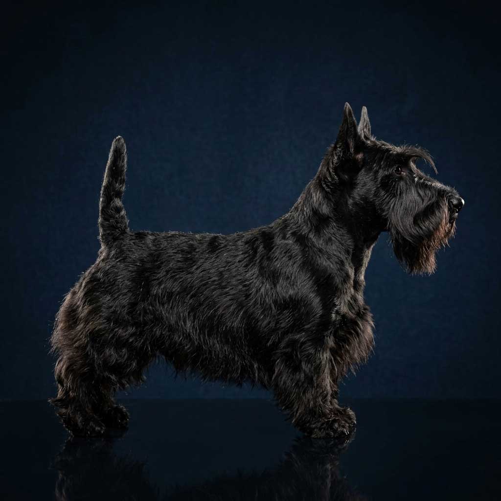 A solid black Scottish Terrier standing in profile on a reflective studio floor.