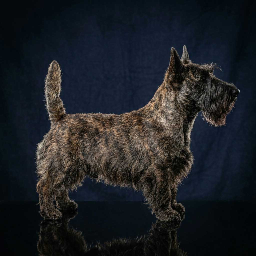 A brindle Scottish Terrier standing in profile showing a tiger-stripe patterned coat.