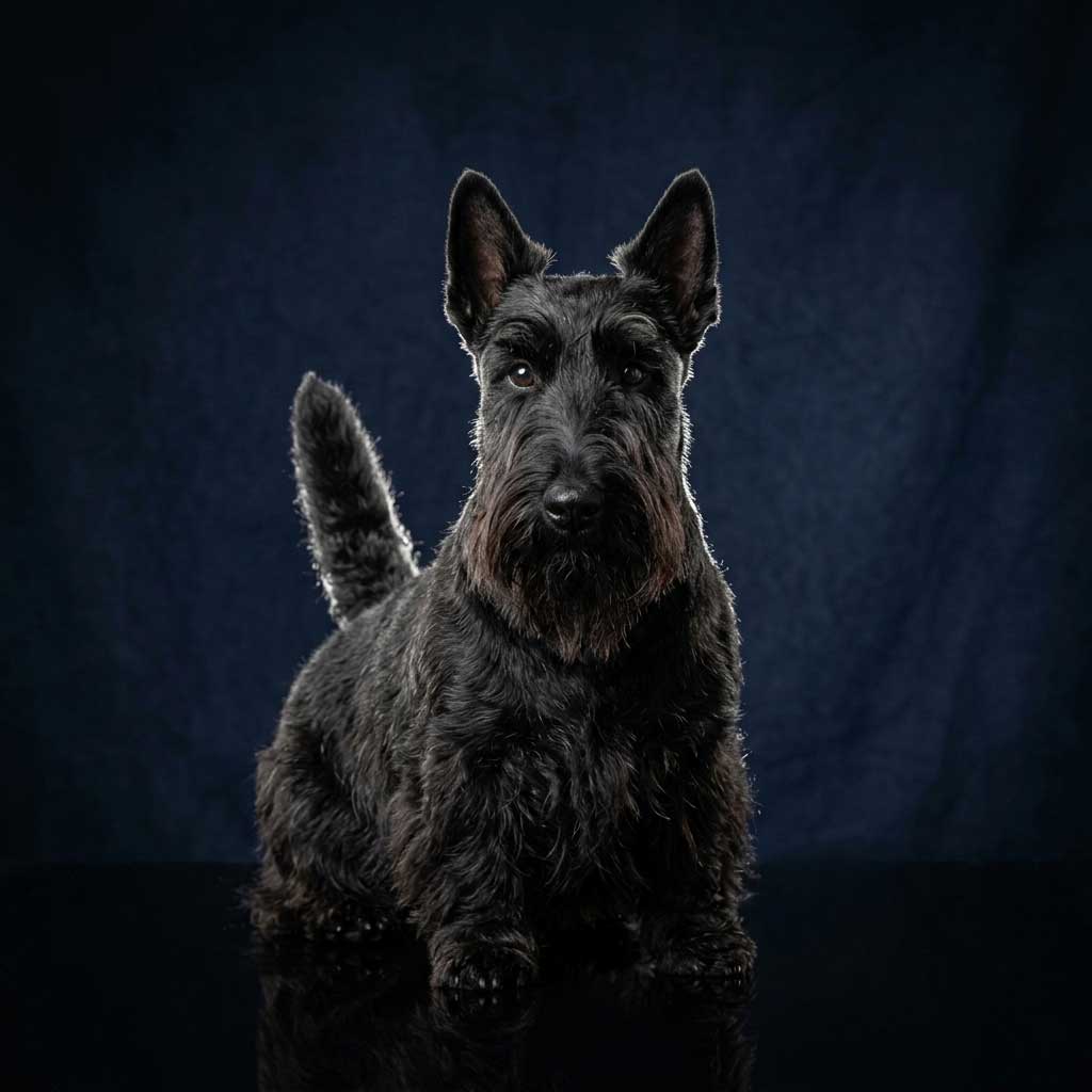 A majestic black Scottish Terrier sitting alert in a dark navy blue studio setting.