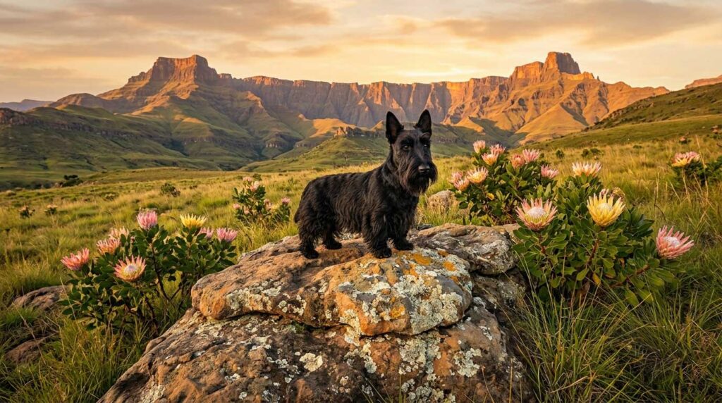 A black Scottish Terrier standing in the grassy hills of the Drakensberg mountains under a sunset sky.