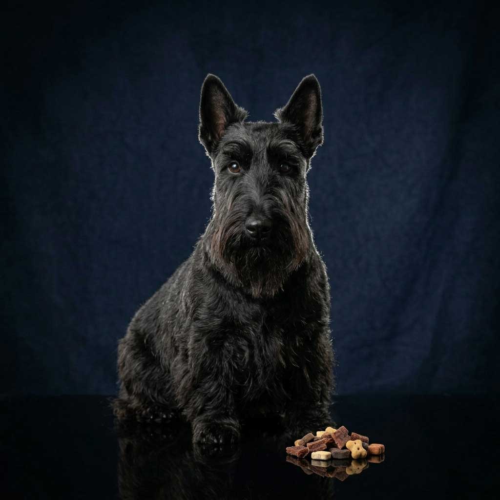 An attentive black Scottish Terrier sitting on a dark reflective floor next to training treats.