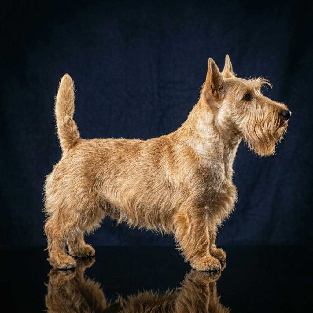 A wheaten Scottish Terrier standing in profile with a pale golden honey-colored coat.