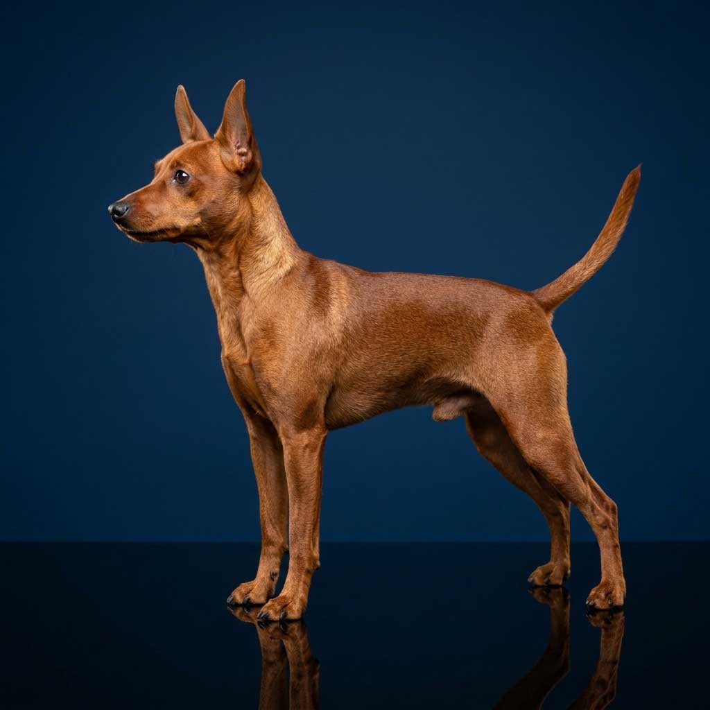 Miniature Pinscher: The Complete Breed Guide 2 A glossy, purebred Solid Clear Red Miniature Pinscher standing against a dark midnight navy blue background.