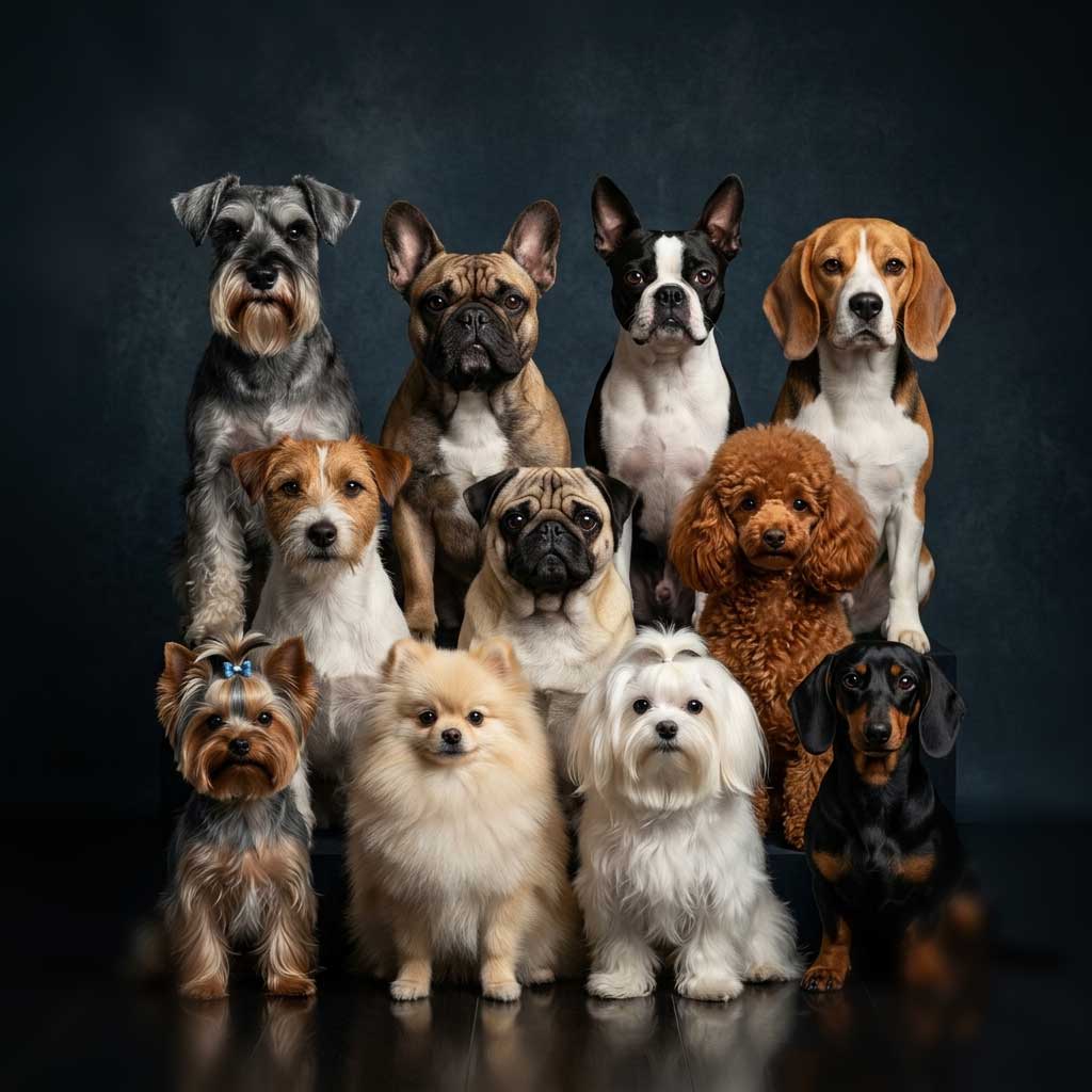 Dog Breed Guides South Africa 1 Group portrait of popular South African small dog breeds including a French Bulldog, Yorkie, Pomeranian, and Toy Poodle on a dark background.