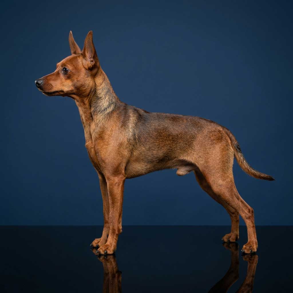 Miniature Pinscher: The Complete Breed Guide 3 A Stag Red Miniature Pinscher showing its distinct red coat with subtle black hair tipping on a dark navy background.