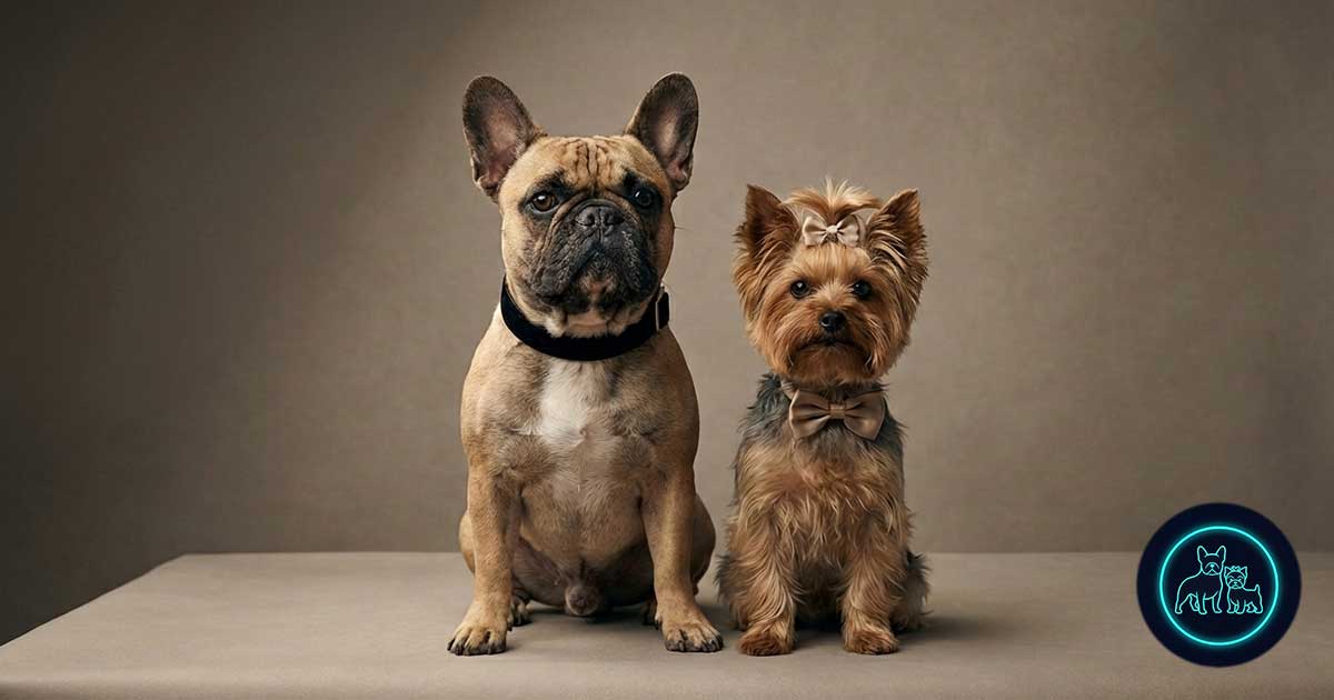 French Bulldog and a Yorkshire Terrier, sitting together companionably, representing a vetted community space