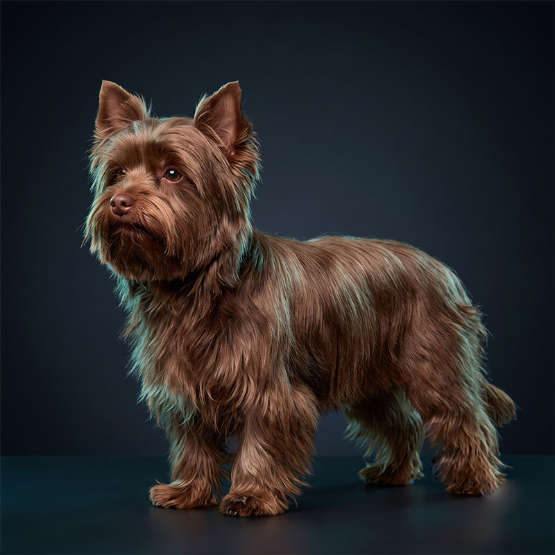 A solid chocolate Yorkshire Terrier with liver-coloured nose and dark coat