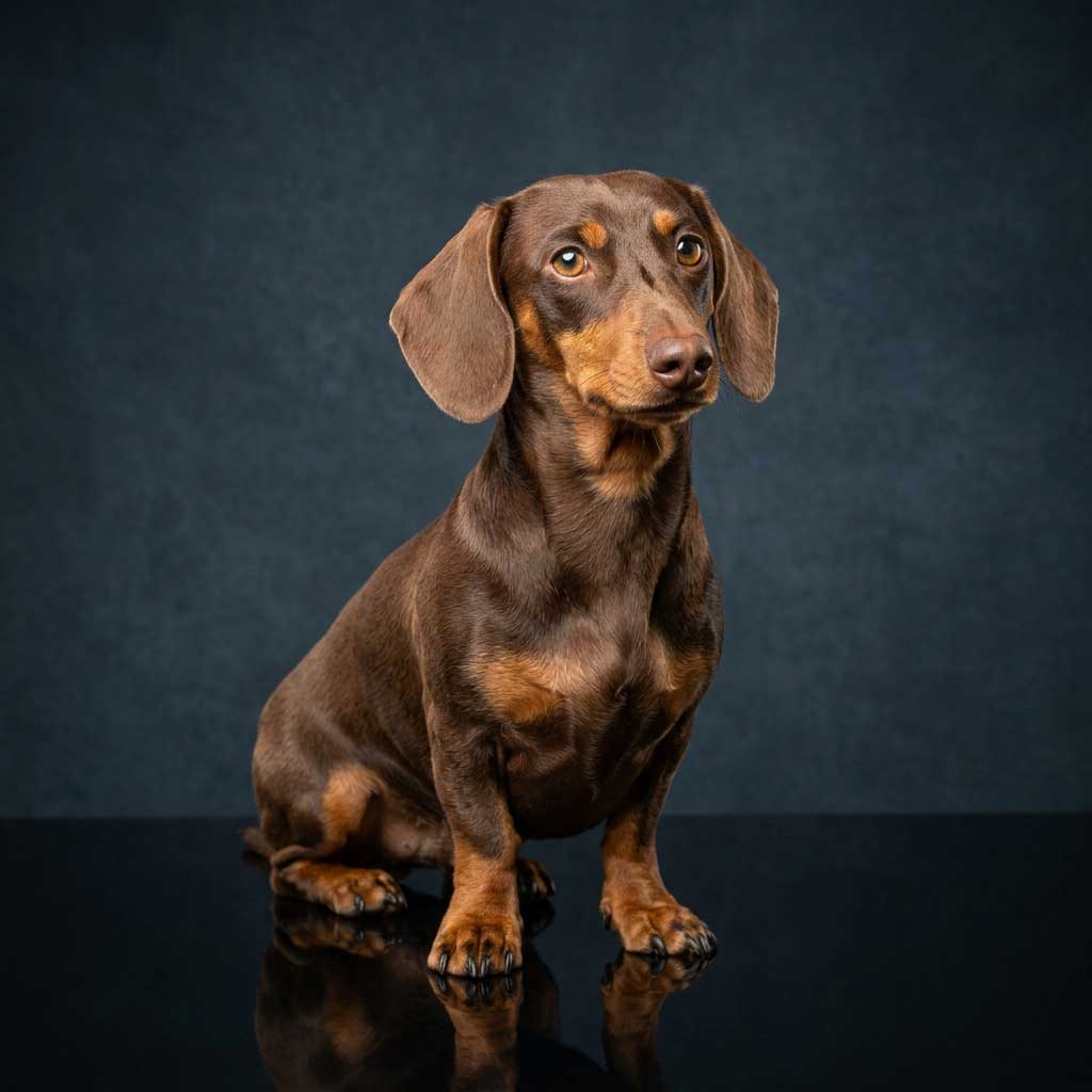 Small Dog Rehoming | 100% Cage-Free Home-to-Home Transitions 15 A rich chocolate brown smooth Dachshund with amber eyes standing in side profile.