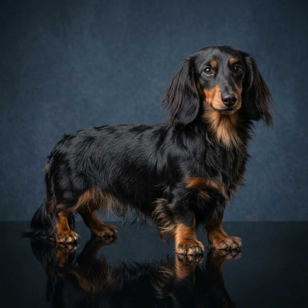 Small Dog Rehoming | 100% Cage-Free Home-to-Home Transitions 16 An elegant longhaired Dachshund standing in side profile with flowing coat feathering.