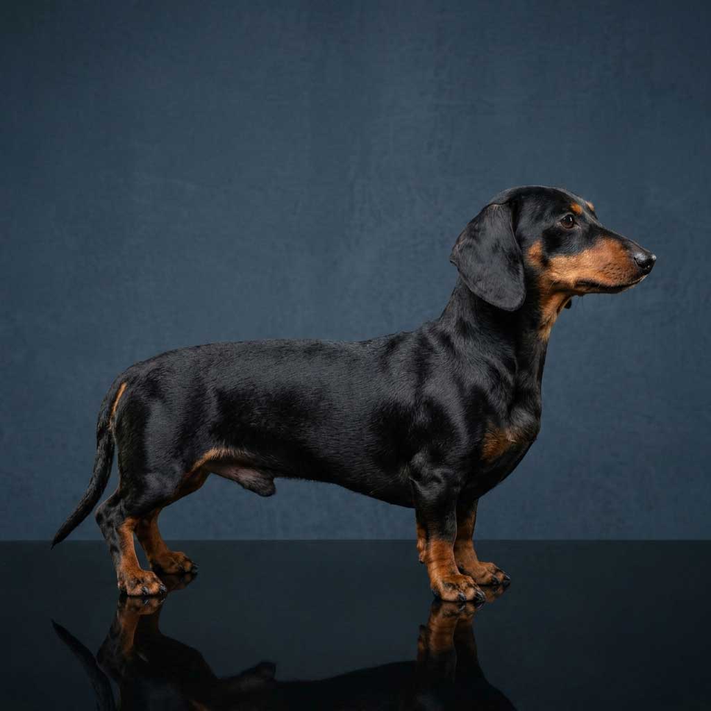 A small black and tan Miniature Dachshund standing in side profile on a reflective studio floor.