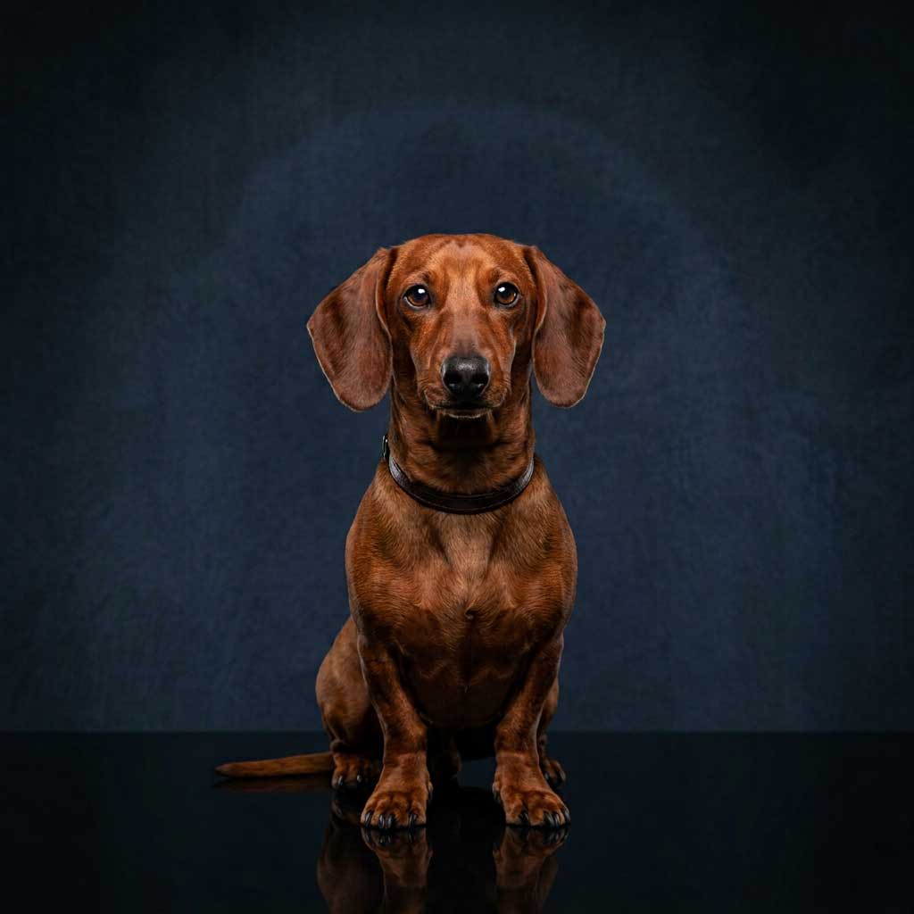 An alert red smooth-haired Dachshund sitting on a dark background.
