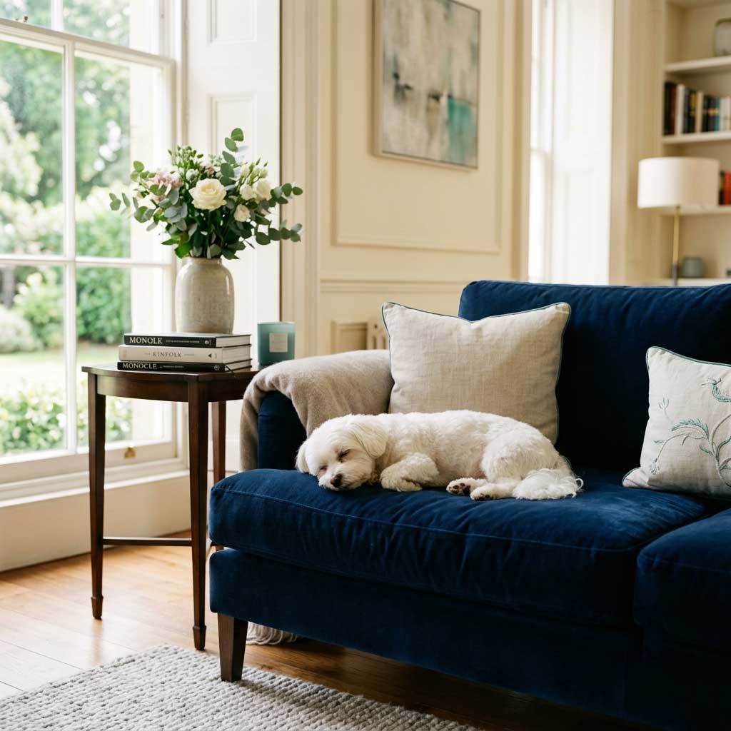 Deceased Estate Dog Rehoming South Africa | Private & Cage-Free 2 A small, well-groomed dog resting peacefully on a comfortable navy blue couch, representing cage-free deceased estate dog rehoming in South Africa.
