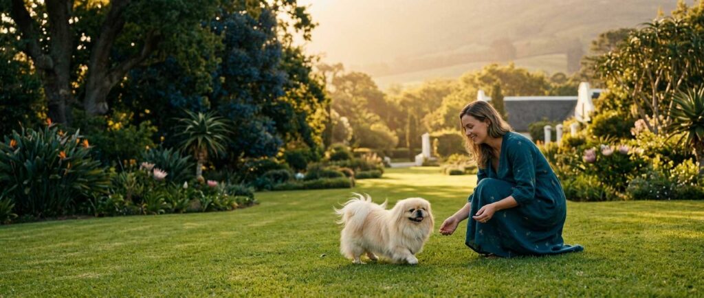 Deceased Estate Dog Rehoming South Africa | Private & Cage-Free 3 A happy small fluffy Pekingese dog in a sunny garden with a compassionate woman, showing a successful private deceased estate dog rehoming transition.
