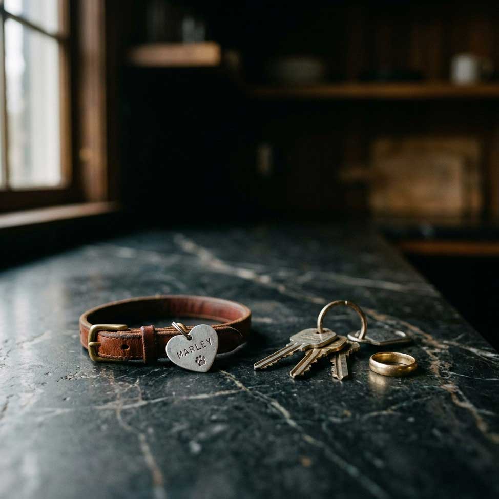 Rehoming a Dog During Divorce | Private & Cage-Free 5 A small dog collar resting next to house keys and a wedding ring representing pet ownership in a South African divorce