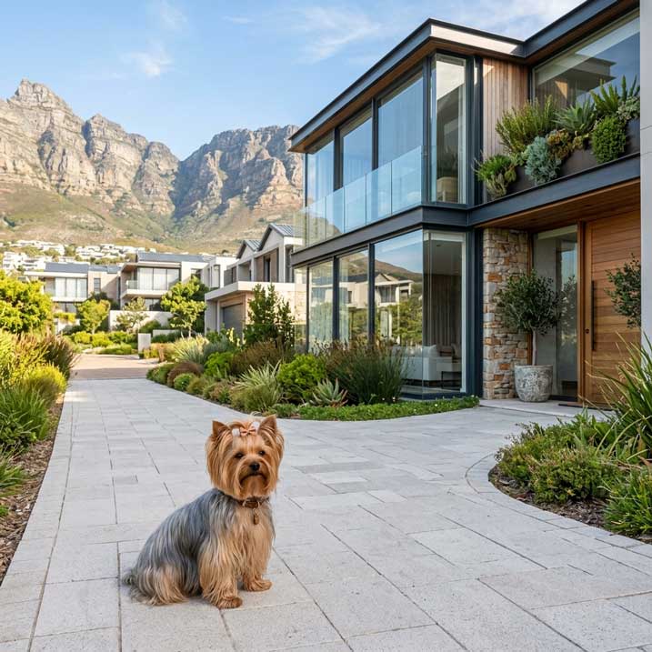 Rehoming a Dog During Divorce | Private & Cage-Free 2 Yorkie sitting outside a luxury residential estate townhouse with strict pet policies in South Africa