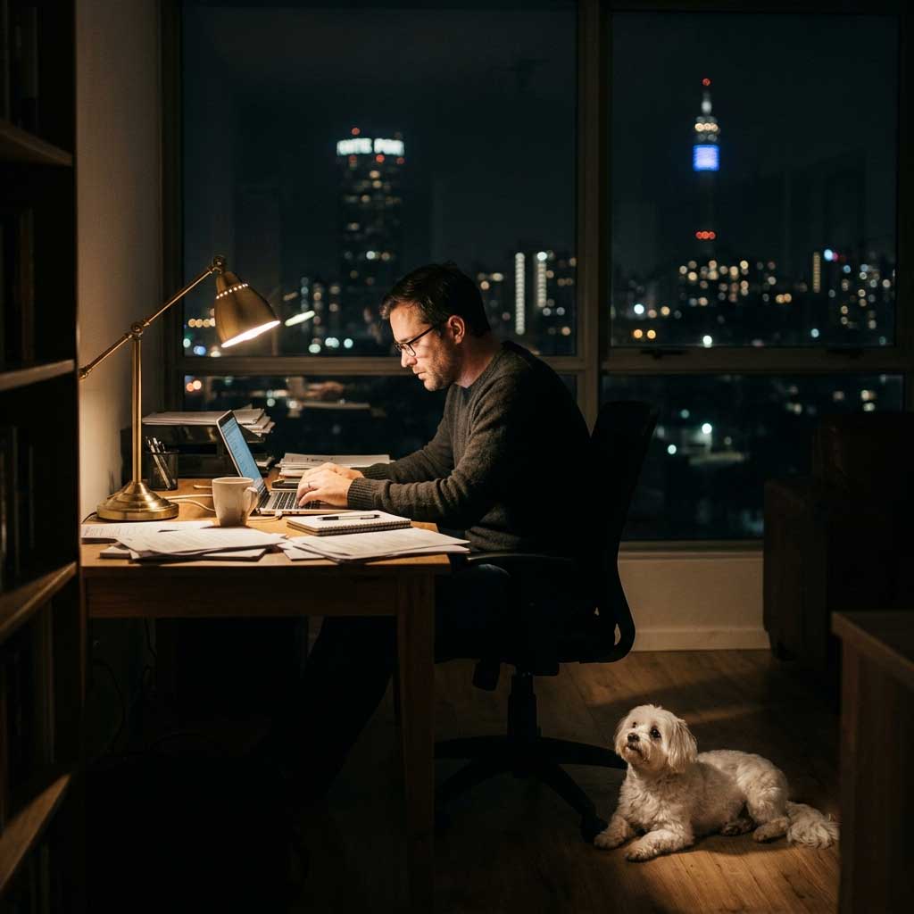 Rehoming a Dog During Divorce | Private & Cage-Free 3 Maltese dog resting on the floor near a busy single professional working late after a separation
