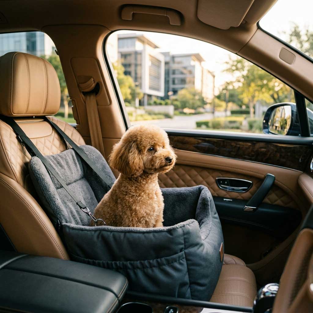 Rehoming a Dog During Divorce | Private & Cage-Free 4 Toy Poodle in a premium dog car seat during a busy commute