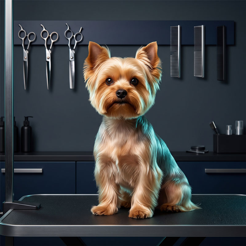 A golden blonde Yorkshire Terrier sitting calmly on a professional pet grooming table.