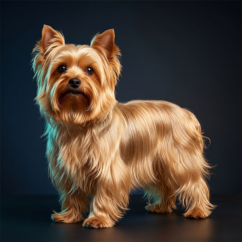 A solid golden blonde Yorkshire Terrier with a wheat-gold silky coat.