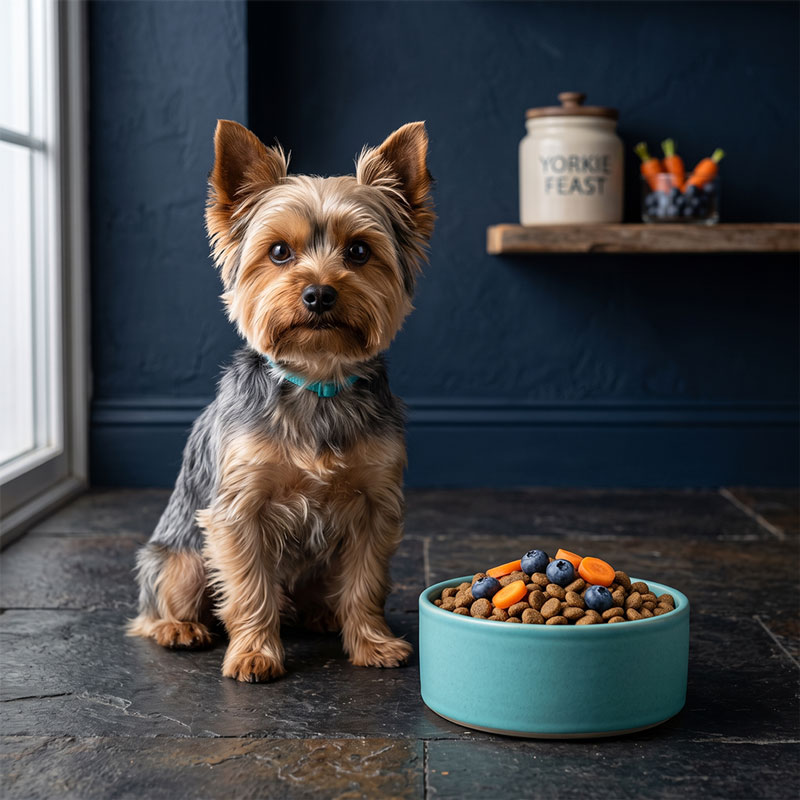 A Yorkshire Terrier sitting next to a turquoise dog bowl filled with fresh blueberries, carrots, and kibble.