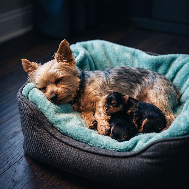 A mother Yorkshire Terrier resting on a soft turquoise blanket with her newborn puppies.
