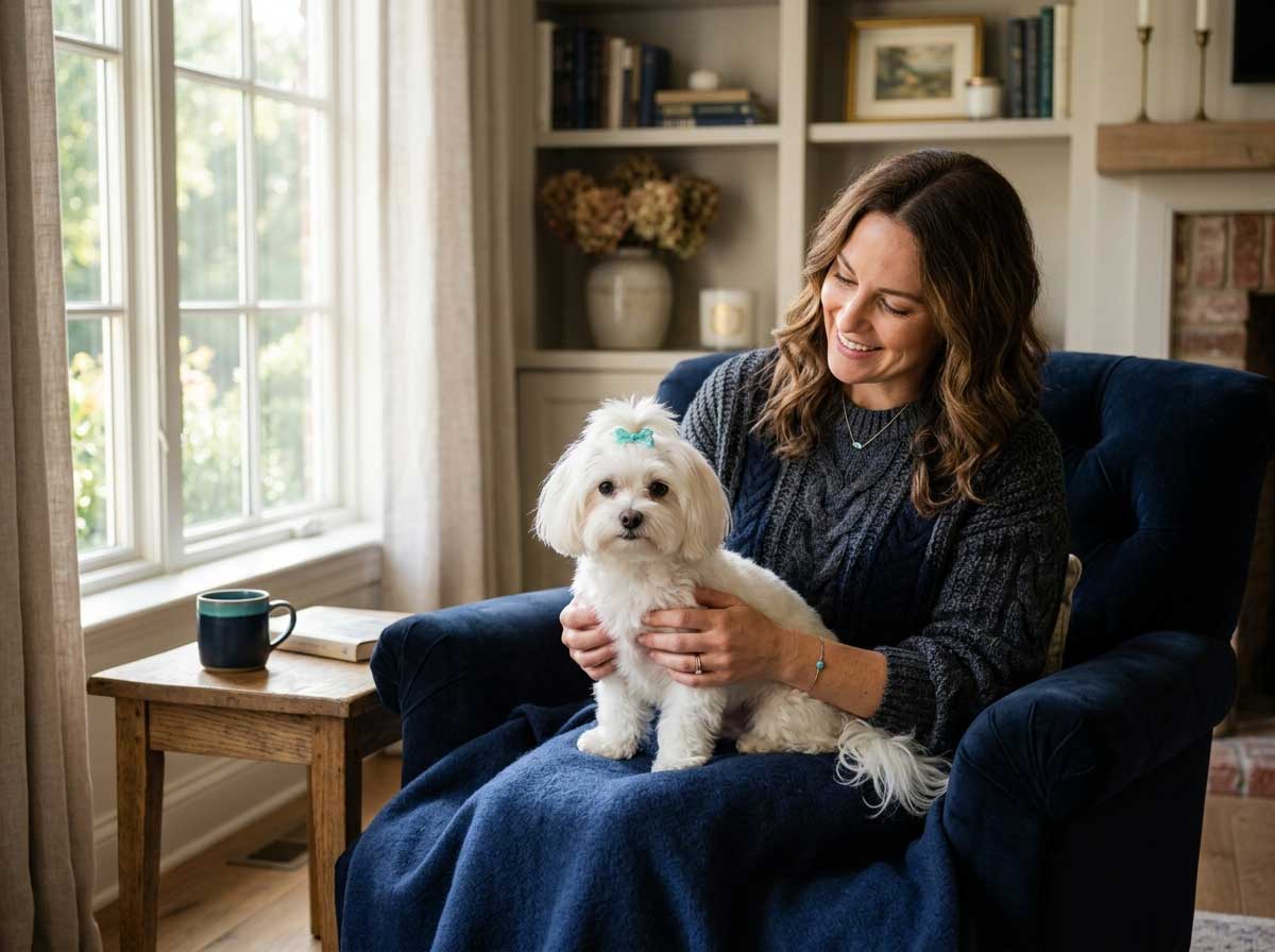 How to Rehome a Dog with Separation Anxiety Safely 1 Rehome a dog with separation anxiety. A woman gently comforting a small white Maltese dog on her lap in a warmly lit living room, representing safe rehoming for a dog with separation anxiety.