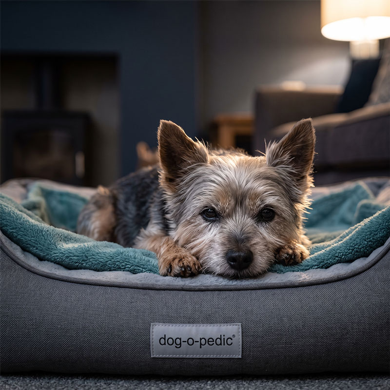 A senior Yorkshire Terrier with a graying muzzle resting comfortably on a grey dog bed.