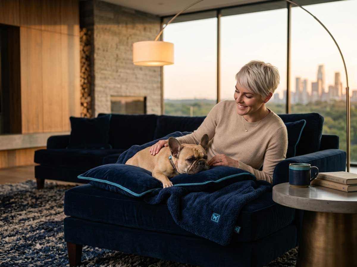 How to Rehome a Dog with Separation Anxiety Safely 5 A calm French Bulldog sitting close to its owner on a comfortable sofa, representing a supportive and dignified pathway for rehoming an anxious dog.
