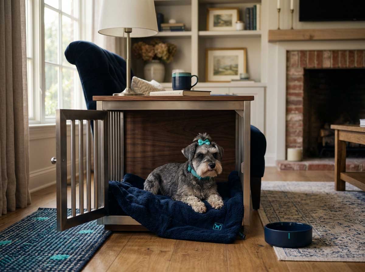 How to Rehome a Dog with Separation Anxiety Safely 4 A small dog resting comfortably inside a cozy, open dog crate with a soft blanket, illustrating structured transition support for a dog with separation anxiety.