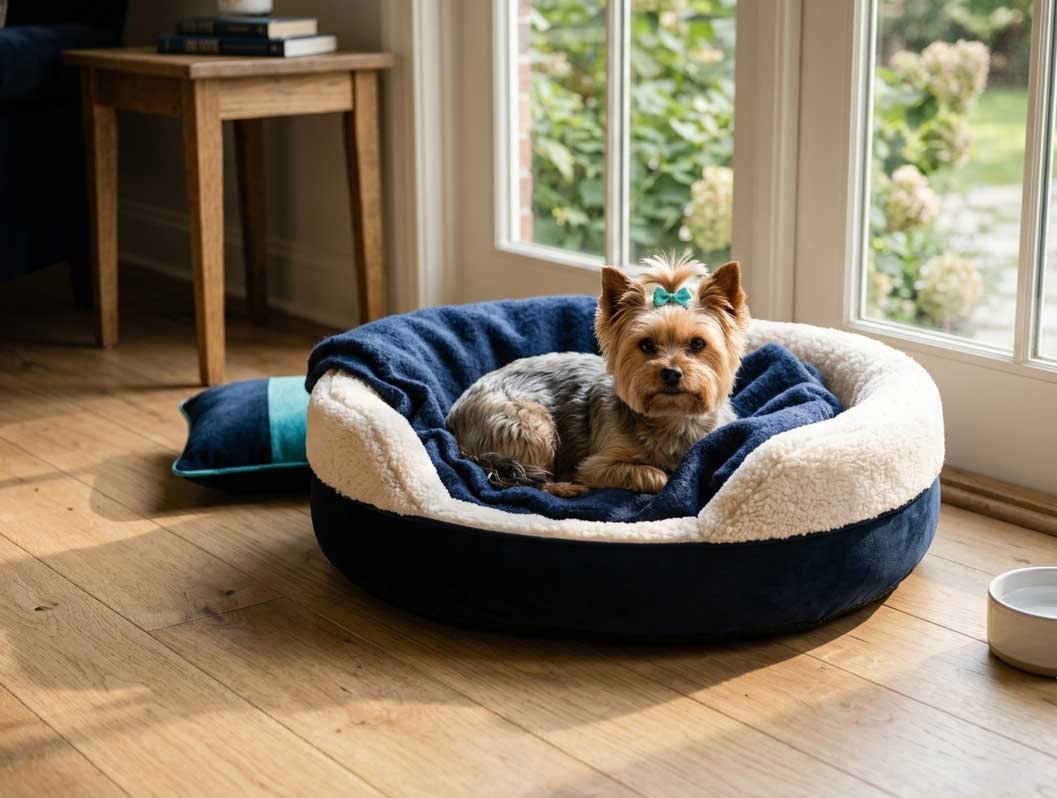 How to Rehome a Dog with Separation Anxiety Safely 2 A small Yorkshire Terrier resting peacefully on a soft dog bed near glass patio doors, representing a stable environment for managing separation distress.