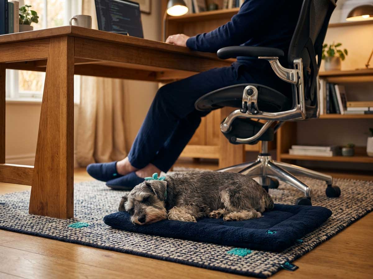 How to Rehome a Dog with Separation Anxiety Safely 3 A Miniature Schnauzer sleeping on a rug under a home office desk while a remote professional works, showing a presence-rich lifestyle for an anxious dog.
