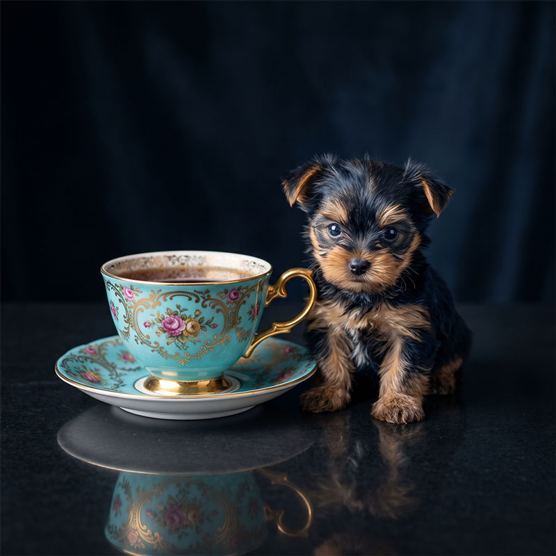 A fragile Yorkie puppy sitting next to a vintage turquoise teacup.