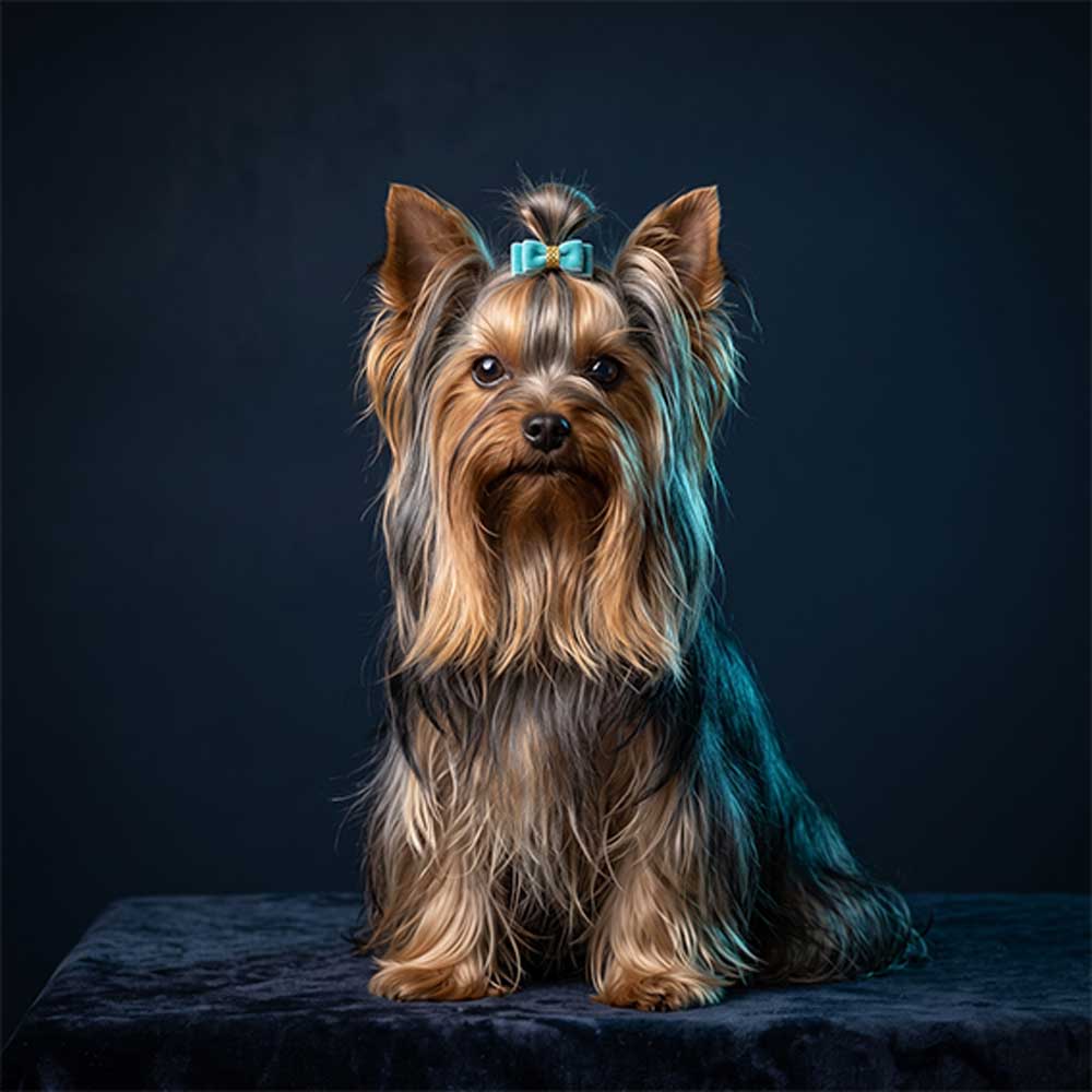 A traditional blue and gold adult Yorkshire Terrier sitting against a midnight-navy background.