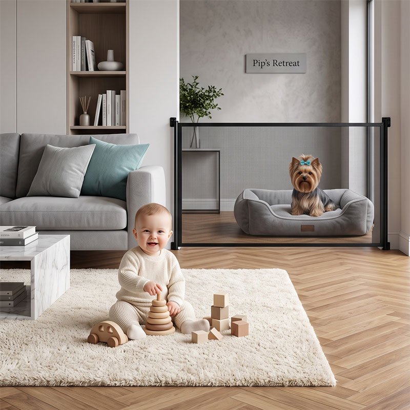 A baby playing on a rug with a Yorkshire Terrier resting safely behind a modern retractable mesh gate.