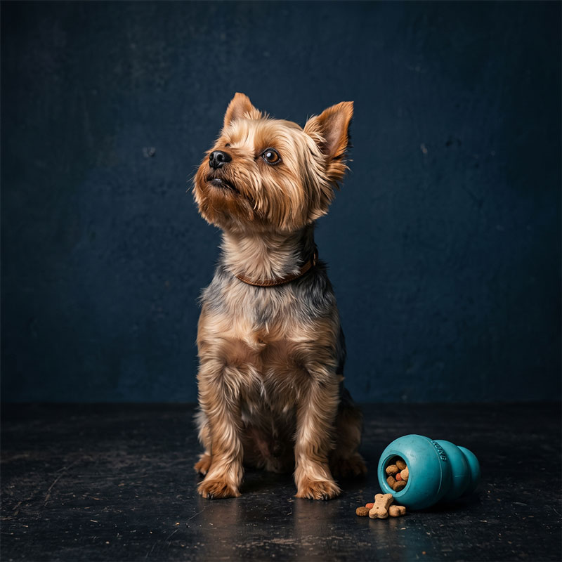 An attentive Yorkshire Terrier sitting near a turquoise rubber Kong toy during a training session.