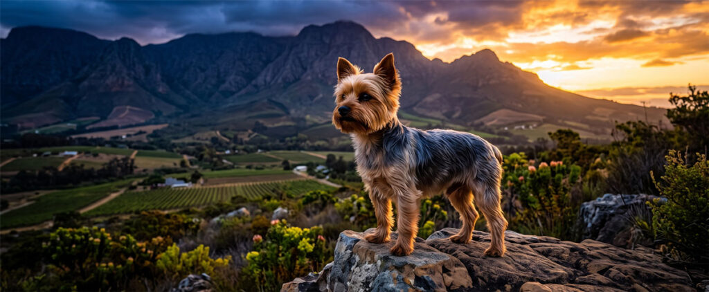 A Yorkshire Terrier standing on a rocky hill in the scenic Cape Winelands of South Africa at sunset.