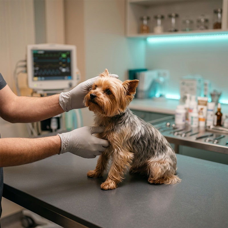 A South African veterinarian gently examining a small Yorkshire Terrier on a clinic table.
