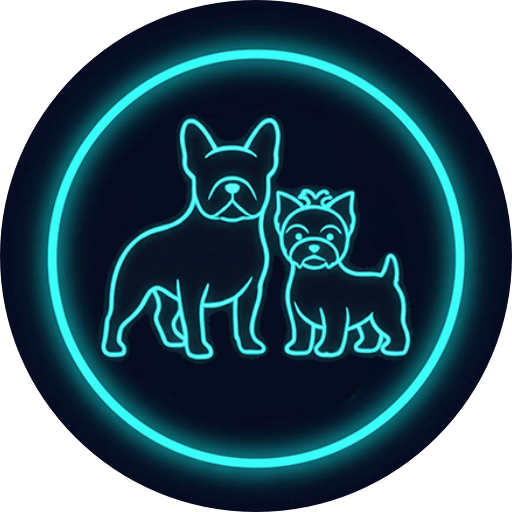 Small Dog Adoptions and Rehoming circular logo featuring neon blue outlines of a French Bulldog and Yorkshire Terrier.