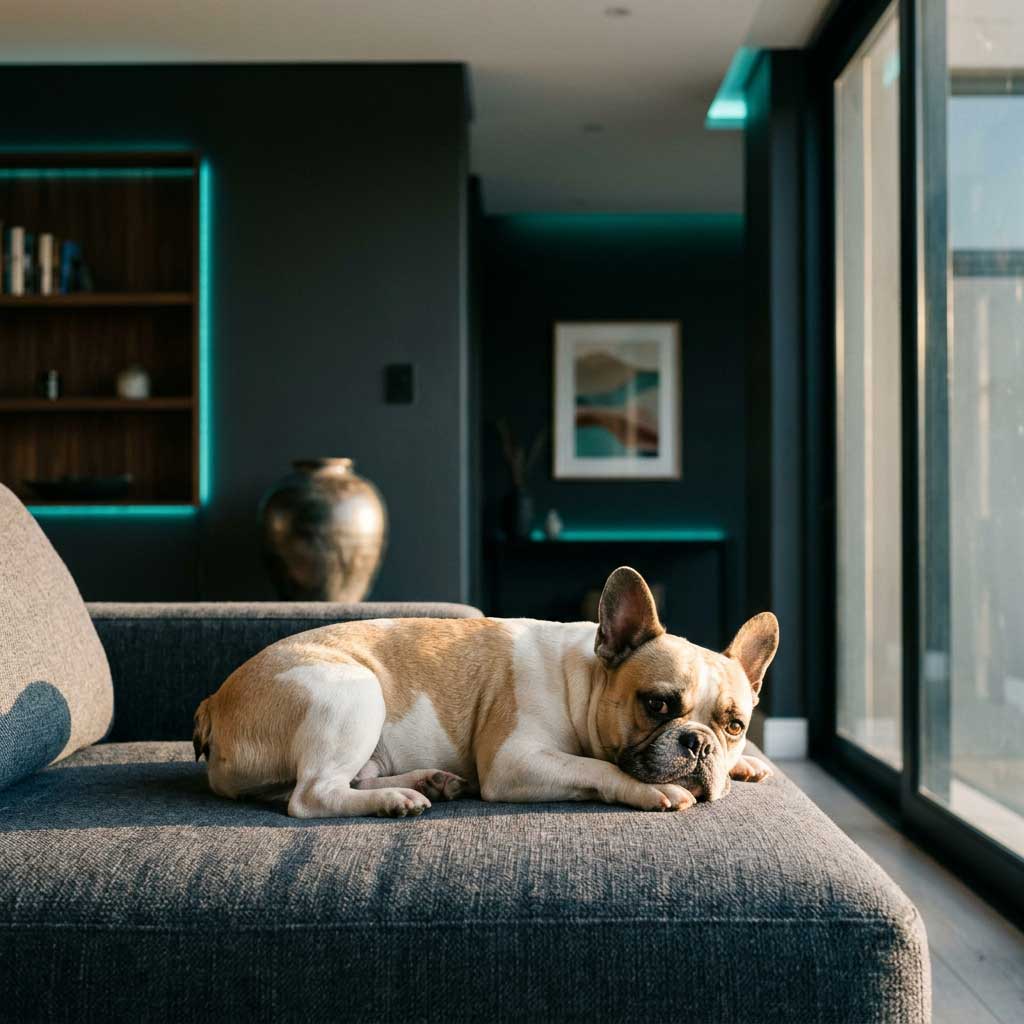 Our Adoption Vetting Process | Small Dog Adoptions & Rehoming 1 A French Bulldog relaxing on a dark sofa in a modern home, illustrating the cage-free adoption vetting process at Small Dog Adoptions.